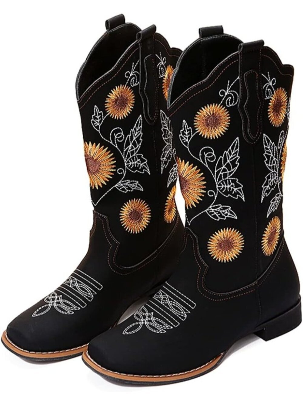Sunflower Embroidered Black Women's Heeled Cowboy Boots